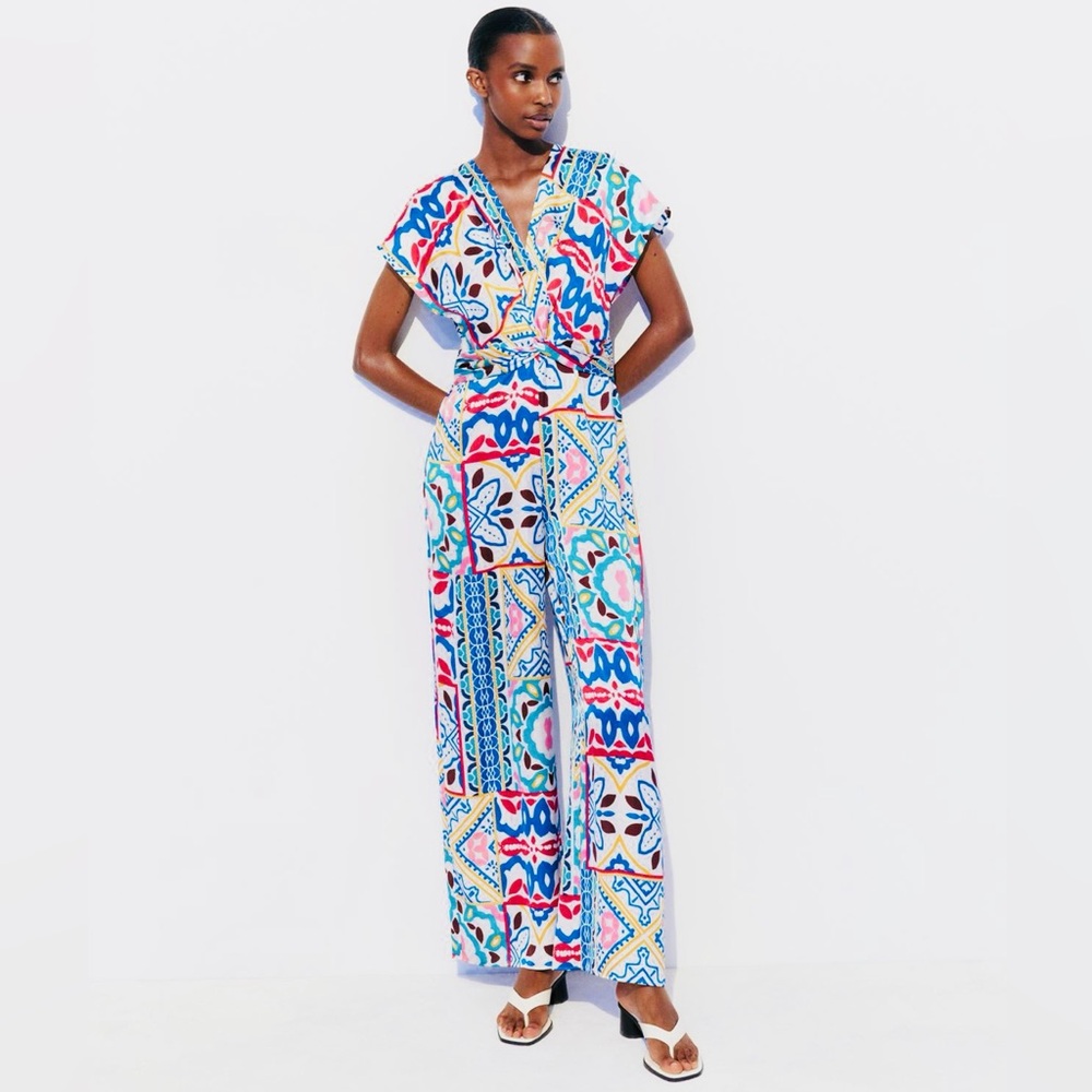 Zara -Satin Effect Print Jumpsuit -size S - NWT